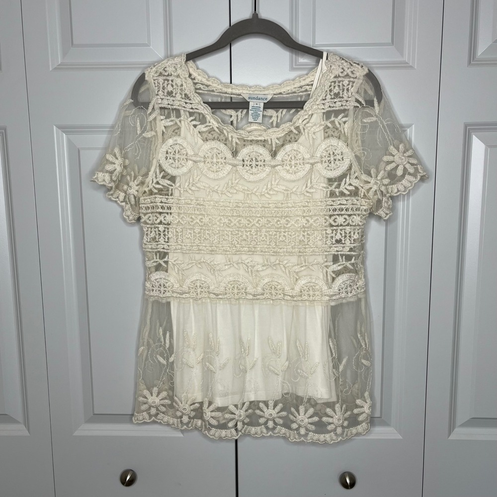 Sundance Embroidered Lace Tunic Top Size Small Ivory Mesh Boho Floral
